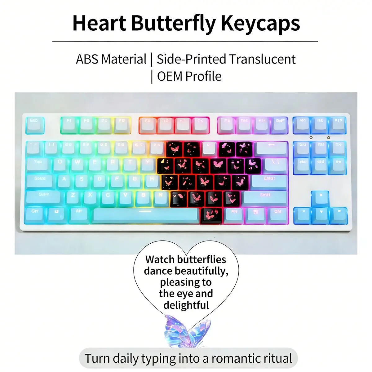 

Cute Heart Butterfly Keycaps OEM Height Side-Engraved ABS/PBT Backlit Keycap Wear-Resistant for Mechanical Keyboard Accessories