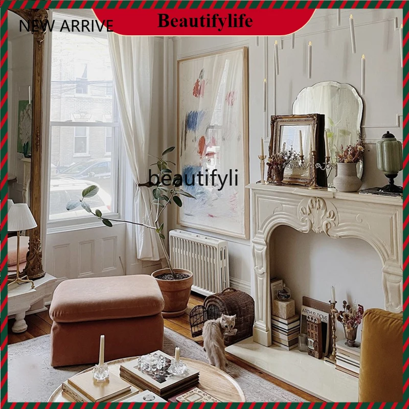 

KK32 Fireplace French simple living room decorative cabinet natural marble beige stone carving fireplace