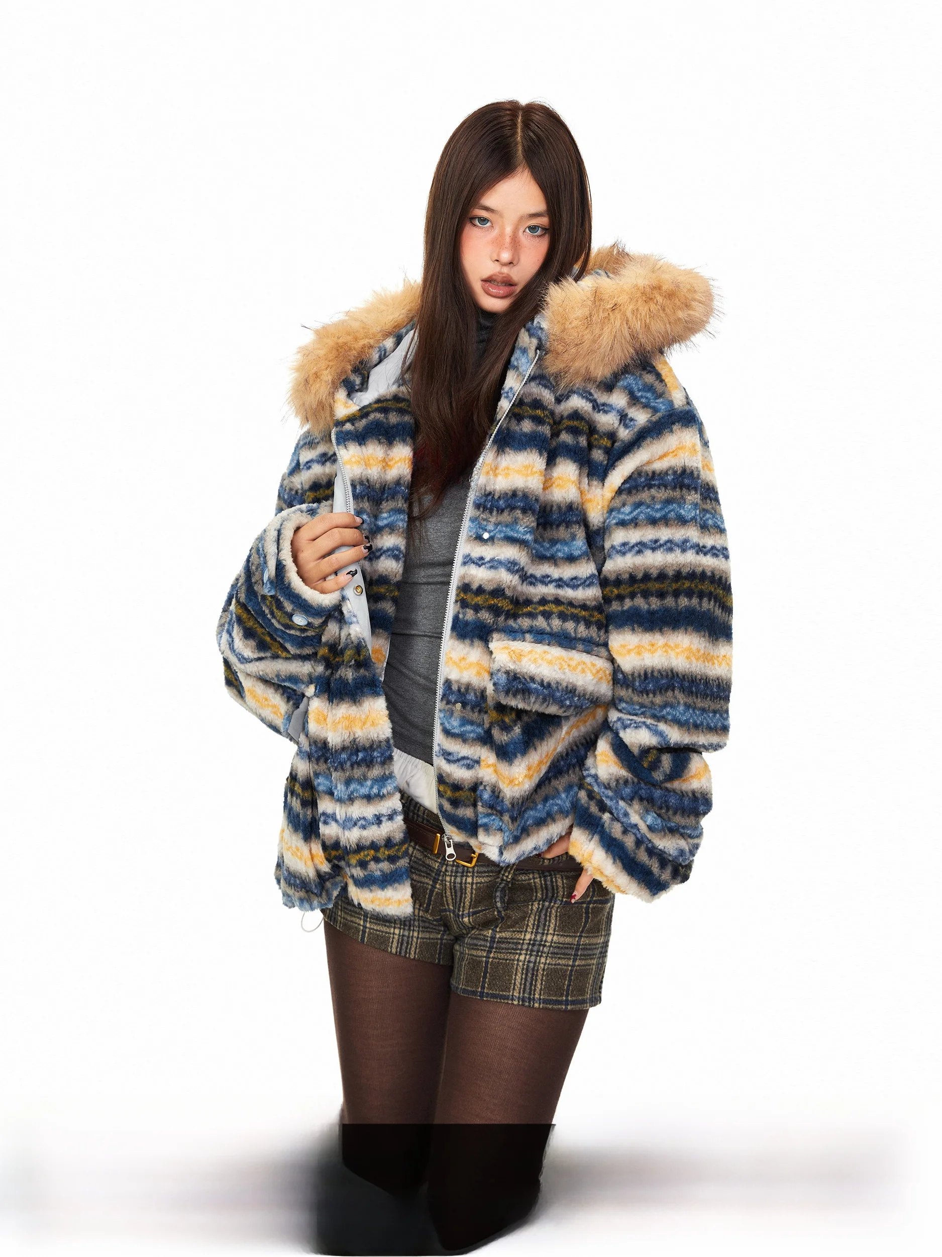 

Blabb Fce Lapel Hooded Cotton Jaet American Retro Loose Lazy Plu Outerwear Striped Pattern Winter Warm Zipper Closure