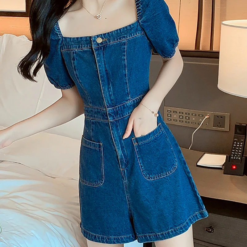 French Women Denim Playsuits Summer Trendy Square Collar Short Sleeve Skinny Rompers Leisure Female Jean Shorts