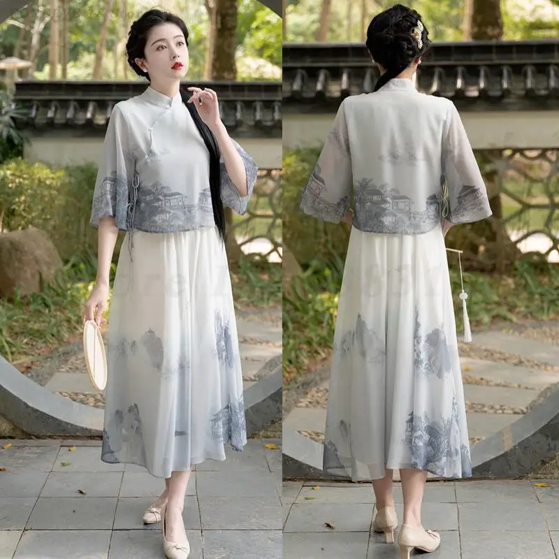 

Костюм Тан с чернильным принтом, новый улучшенный комплект Cheongsam Hanfu в китайском стиле, женский нежный темперамент, классическая древняя одежда M-4XL