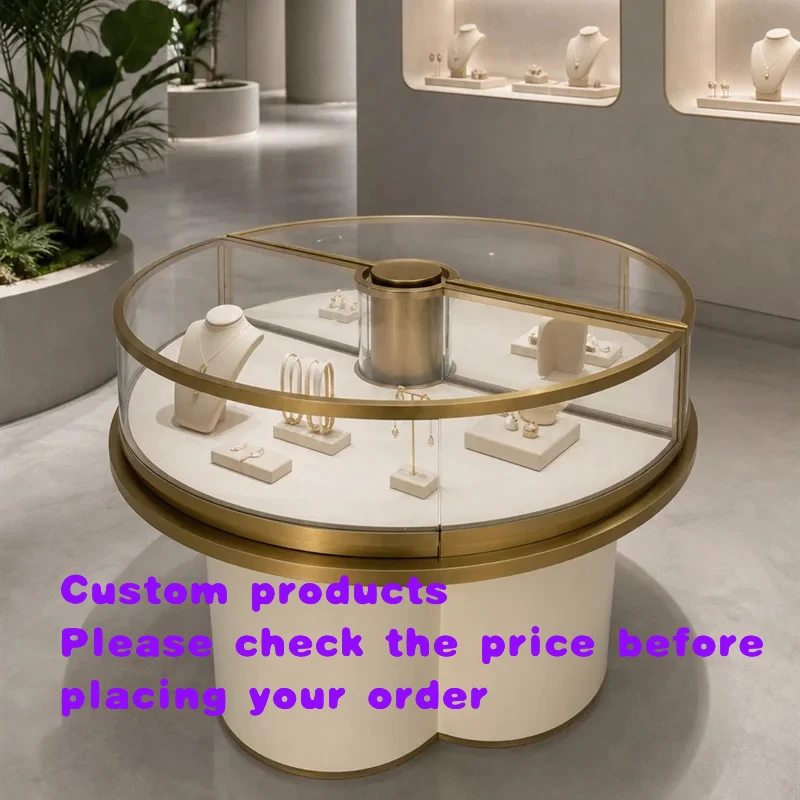 custom.Round island jewelry counter with clover-shaped base Metal curved glass fully assembled luxury custom-made dir