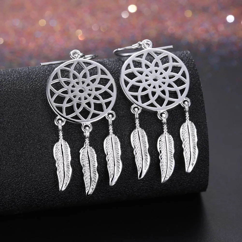 

Fine cute 925 Sterling Silver fine Dream catcher feathers earrings for woman fashion designer party wedding Jewelry gifts