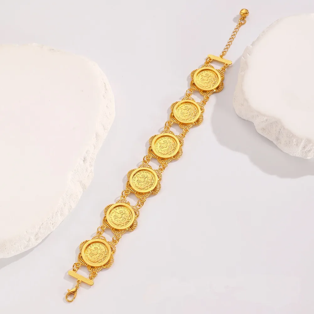 Turkish Totem Gold Plated Chain Bracelet for Women Ottoman Coin Cuff Bangles Arabic Bridal Jewelry Ethnic Bijoux