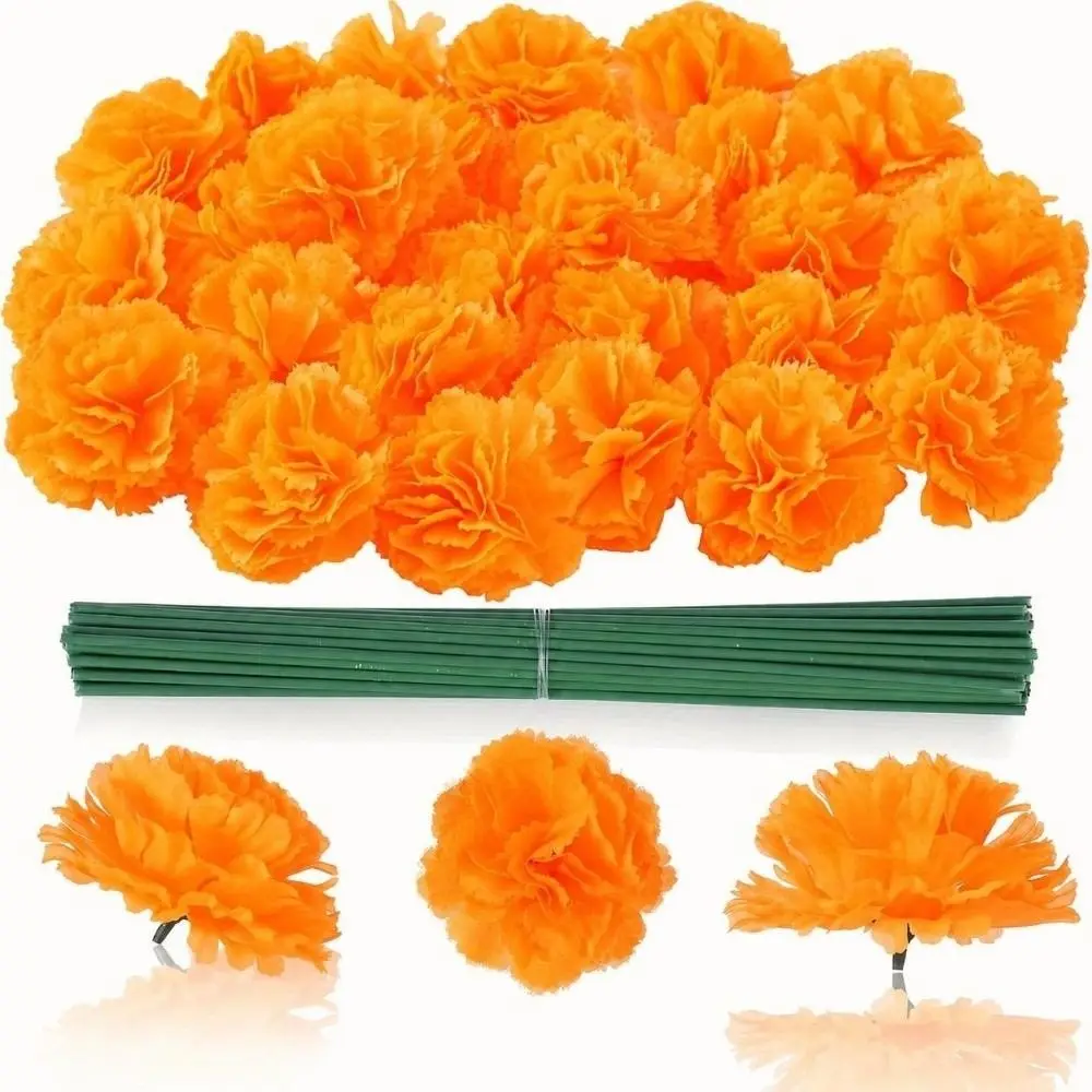 30 Pcs Silk Cloth Artificial Marigold Flowers Orange Color Artificial Material Silk Marigold Flowers Decoration Set
