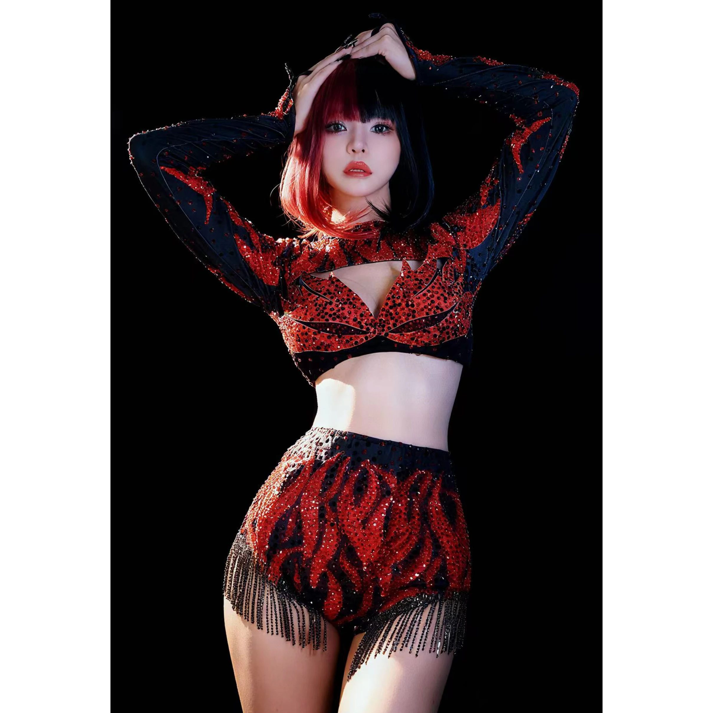 ชุดแสดงโกโก้ ปี 2025 สีแดง แต่งพู่ห้อย ชุดสูทสำหรับไนต์คลับ บาร์ ดีเจ ปาร์ตี้ ชุดเต้นแจ๊ส แดร็กควีน ชุดแสดงบนเวที รุ่น DN22385