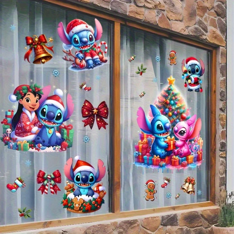 مجموعة واحدة من ملصقات Lilo & Stitch لعيد الميلاد، ديكور منزلي، عمل فني لعيد الميلاد من Disney، مناسبة لتزيين الأماكن الداخلية والنافذة والشرفة والمرآة #1