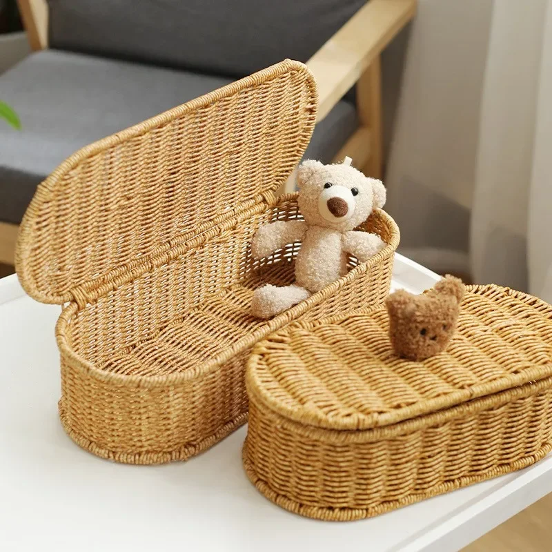 سلة تخزين الروطان المقلدة البوهيمية - صندوق تخزين منسوج، إطار أدوات مائدة مقاوم للغبار، سلة تزيين المنزل، منظم المطبخ #5