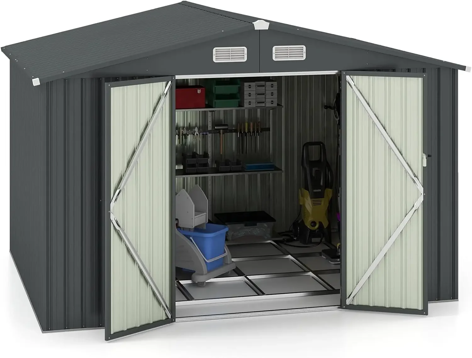 10’ x 7.7’ Outdoor Storage Shed, Galvanized Utility Tool Storage House w/ 4 Vents, Base Floor, Lockable Doors, Waterproof Sheds