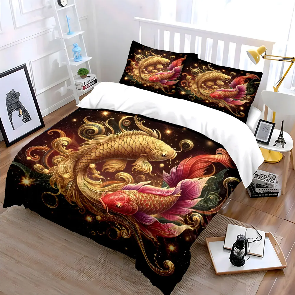 Ornate goldfish intertwined with dreamy starlight Printed Duvet Cover Set1 Duvet Cover+2 PillowcaseMulti Size Bedroom Bedding