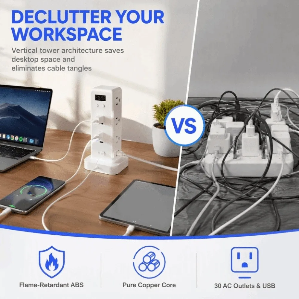 Flame-Retardant ABS Power Strip Tower Pure Copper Conductive 30 Sockets Desktop Extension Socket Built-in Digital Clock