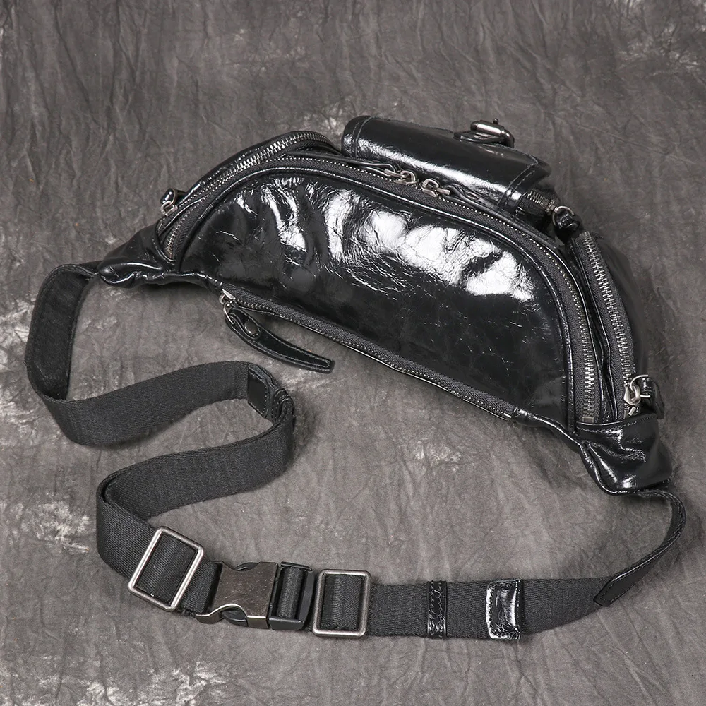 Men's Real Leather Crossbody Bag, Motorcycle Chest Pack Multifunctional for Outdoor
