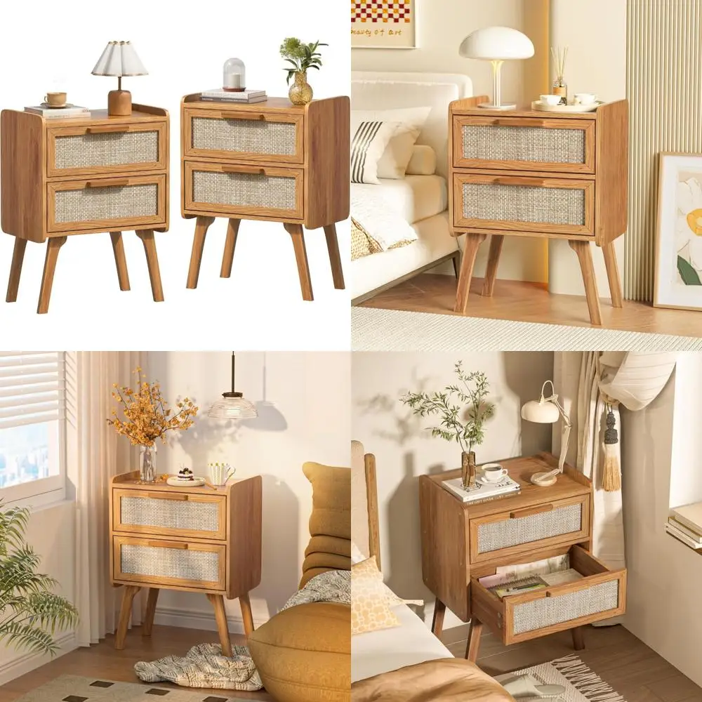 

Boho Style Rattan Nightstands Set, 2 Drawers Side End Tables, Solid Wood Accent Bedside Tables, Rustic Bohemian Night Stands