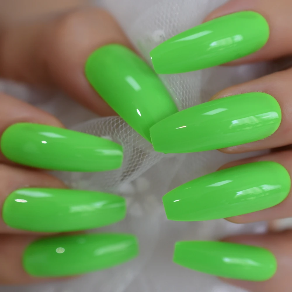 NEON Nails Wonderful Summer Green False Nails Bright Color Beautiful Extra Long Coffin Press on Nail with Adhesive Glue Sticker