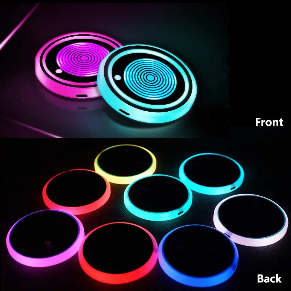 

2 Pack LED Car Cup Holder Lights, 7 Colors, USB Charging, Waterproof, Light Sensor, Vibration Sensor, 2.7x0.31 Inch, 15s Delay,