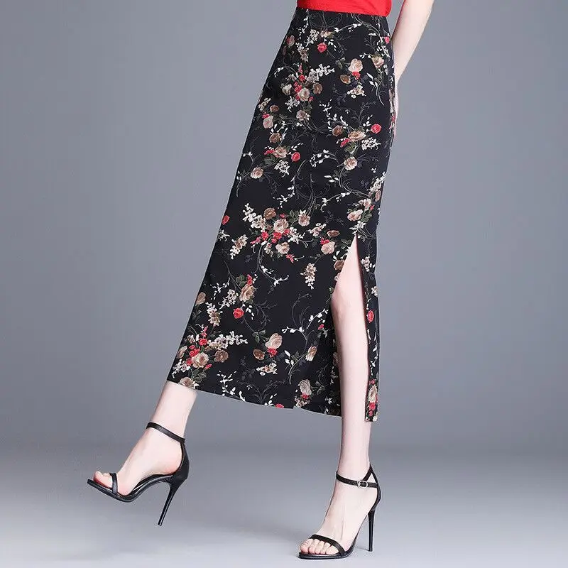 Fashion Zipper Printing Slit Elegant Chiffon Floral Skirts Women's Clothing 2024 Summer New Loose Office Lady High Waist Skirts