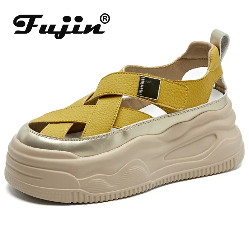 Fujin 7cm Cow Weave Genuine Synthetic Leather Sandals Flat Women Slippers Pumps Platform Wedge Hook Summer Hollow Fashion Shoes