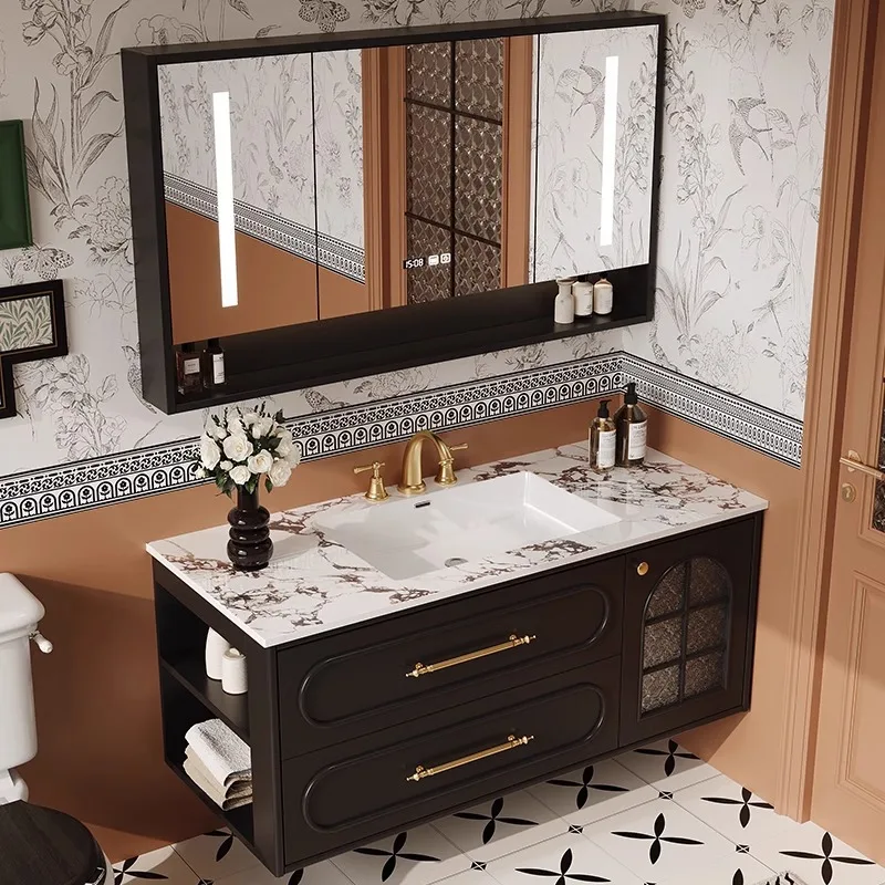 

French retro bathroom cabinet combination bathroom oak washbasin wash basin ceramic integrated basin