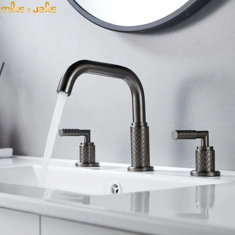 

gunmetal gray basin faucets basin sink double handle gold tap bathroom metal brushed faucet hot and cold sink mixer crane