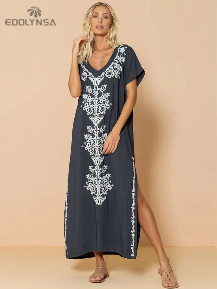 Embroidery Beach Cover up Saida de Praia Swimsuit Women Bikini cover up Tunics for Beach Pareo Sarong Beachwear Q790