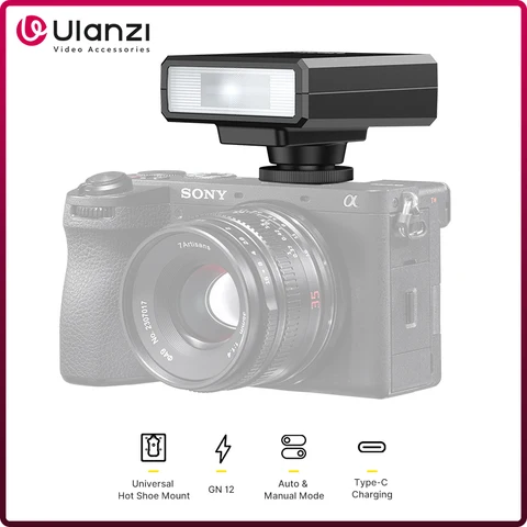 Ulanzi-F12 Mini Camera Flash Speedlite, Suporte de sapata padrão para Sony, Canon, Nikon, Panasonic, Olympus DSLR Camera, 5600K, GN12