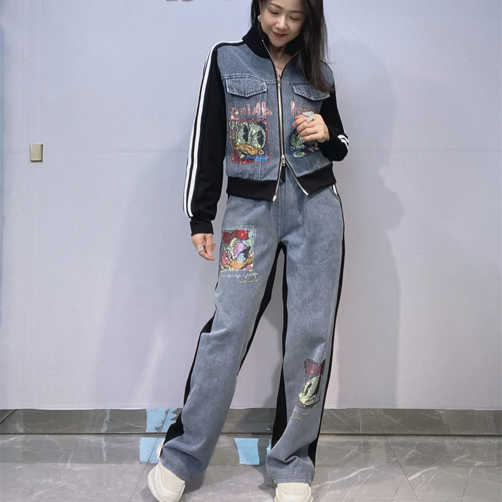 

Модные комплекты из 2 предметов, женская одежда, комплект джинсовых брюк с мультяшными бриллиантами, летний повседневный кардиган на молнии, ковбойский спортивный костюм с длинными рукавами