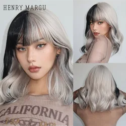 HENRY MARGU Short Half Black And Half White Wig Curly Wavy Shoulder Length Synthetic Hair Cosplay Wig with Bangs for Halloween