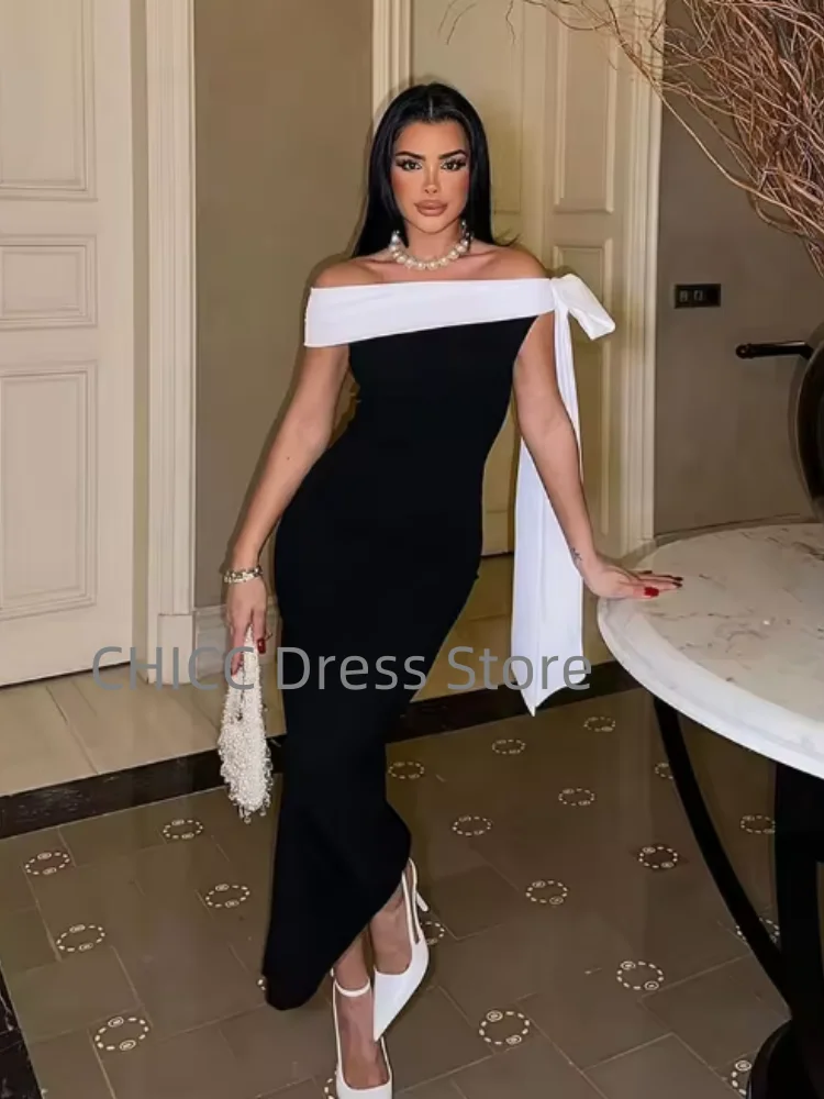 อาหรับชุดราตรีปิดไหล่แขนกุดนางเงือกชุดราตรีสีตัดกันชุดปาร์ตี้ที่กำหนดเอง فساتين سهرات