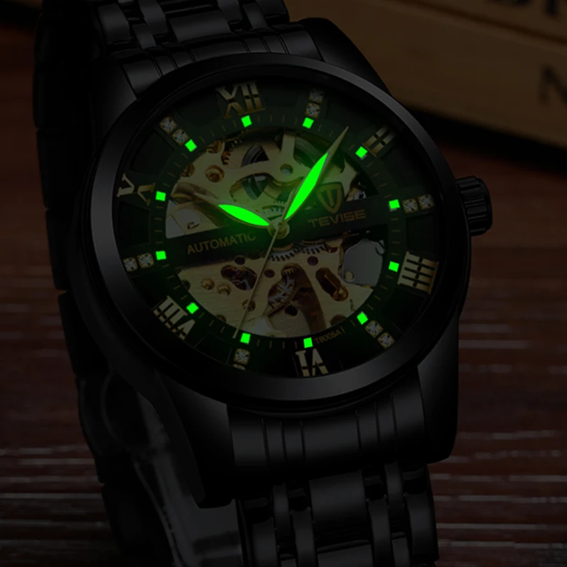 TEVISE Top Brand Luxury Mens Automatic Mechanical Watches Luminous Gear Movement Sport Design Metal Case Skeleton Wristwatches