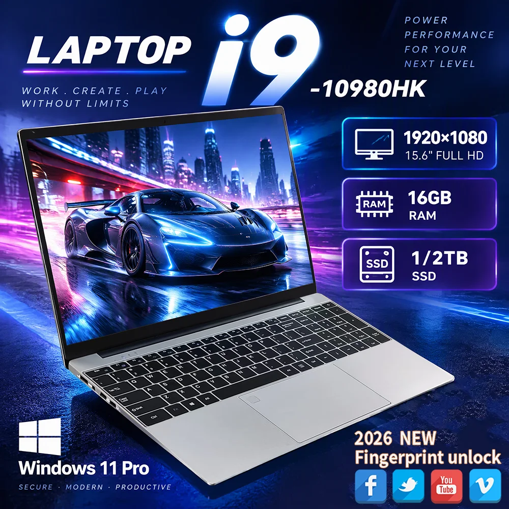 026 Laptop Intel Core I9-10980HK/I9-9900 Notebook Windows 1116GB RAM 1/2TB SSD Office Gaming 15.6'' Laptops Fingerprint UnIock