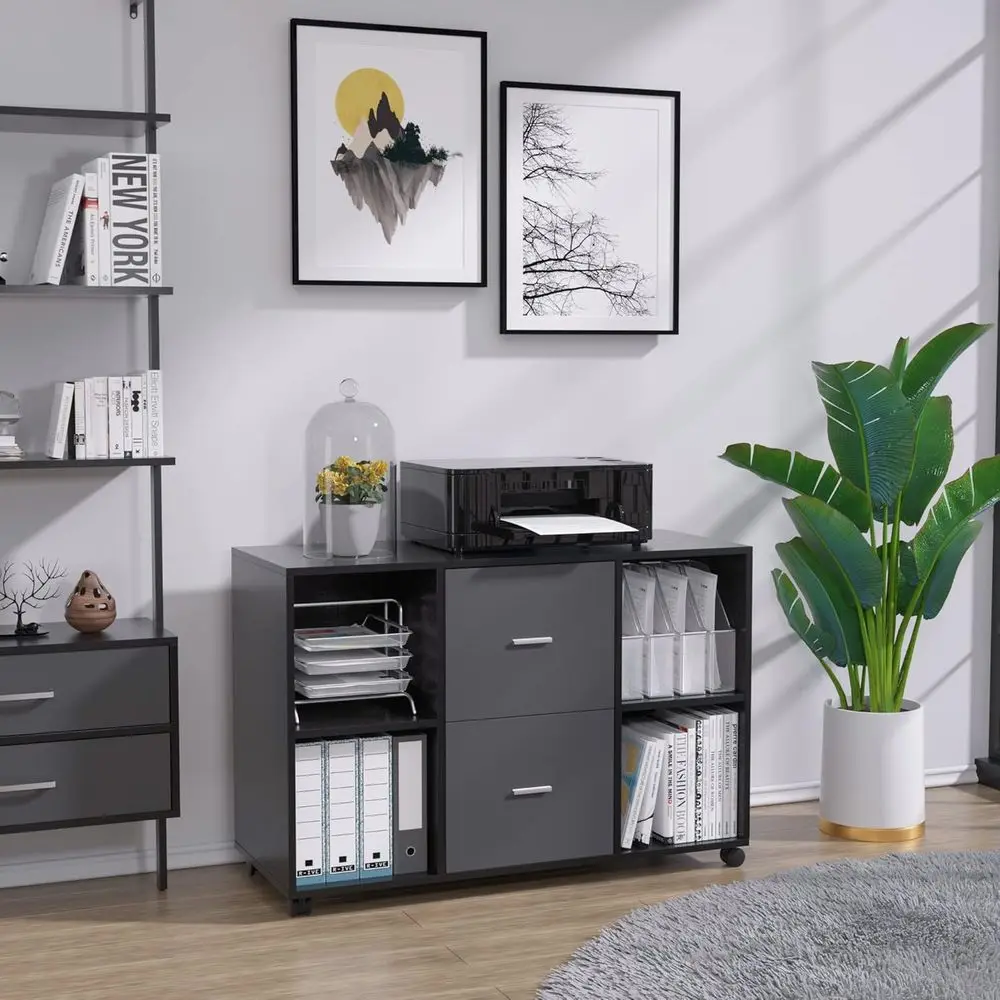 

Мобильный шкаф для документов большого формата с 5 колесами, открытыми полками, подставкой для принтера, серый, для домашнего офиса