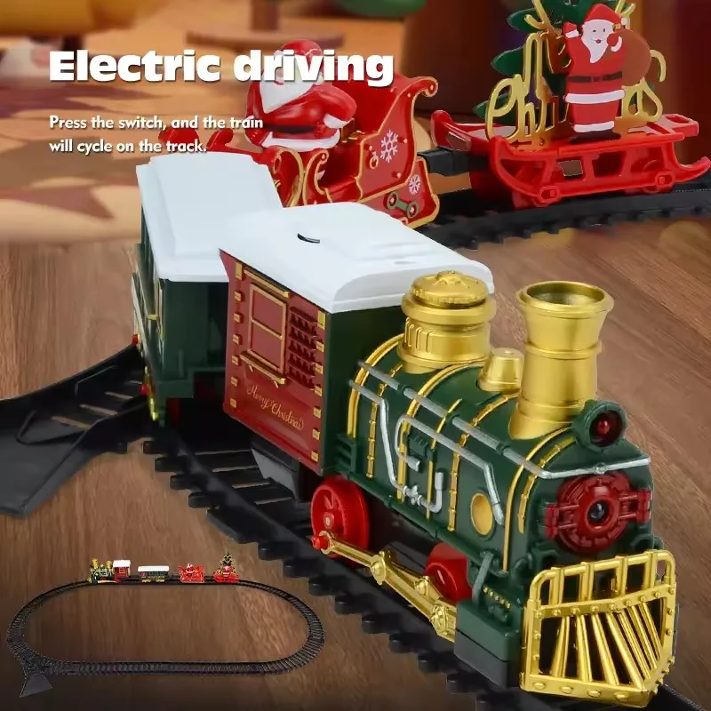 2025 Christmas Tree Electric Train Tracks Set Santa Claus Cargo Cars With Xmas Sounds Lights Toys For Kids New Year Xmas Gift