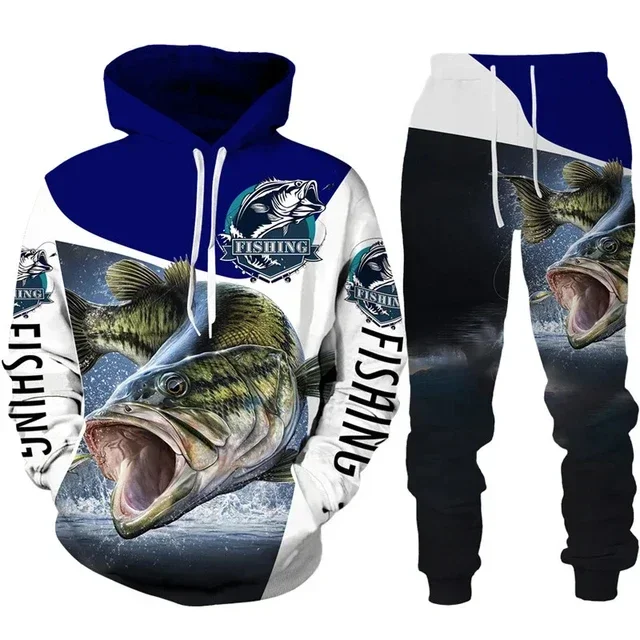 Bass Fishing 3D Printed Unisex Hoodie Pants Suit Men/Women Long Sleeve Tracksuit Outfit Casual Outdoor Hunting Camping 2Pcs Sets