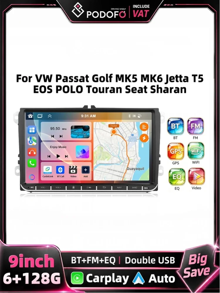 Podofo 6+128G Android 2Din Autoradio Stereo 9" Touchscreen GPS-Navigation für VW Volkswagen Passat Golf MK5 MK6 Jetta T5 EOS POLO Touran Seat Skoda Multimedia-Player
