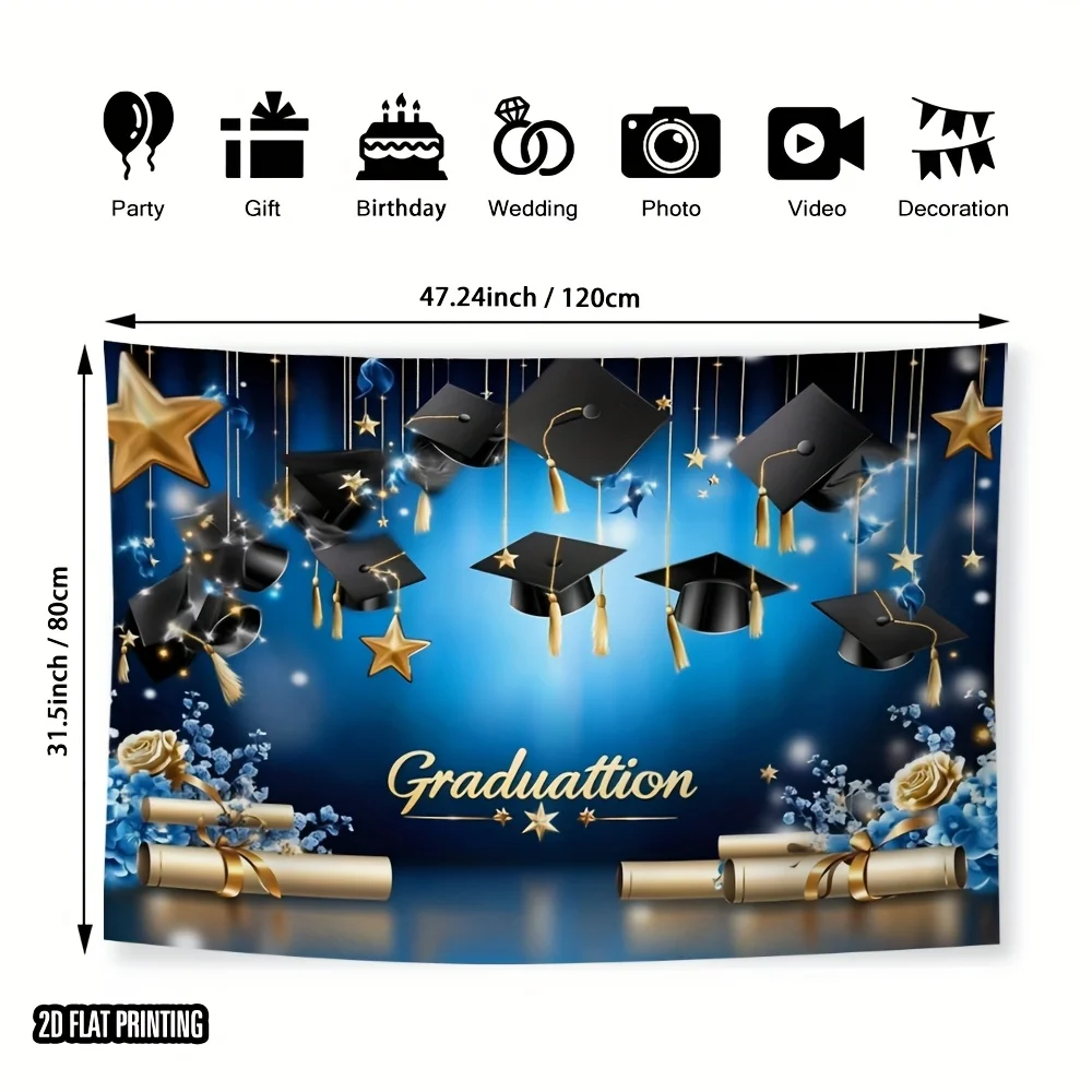 قطعة واحدة من خلفية حفل التخرج - زينة حفلات التخرج باللونين الأزرق والذهبي مع قبعات التخرج #2