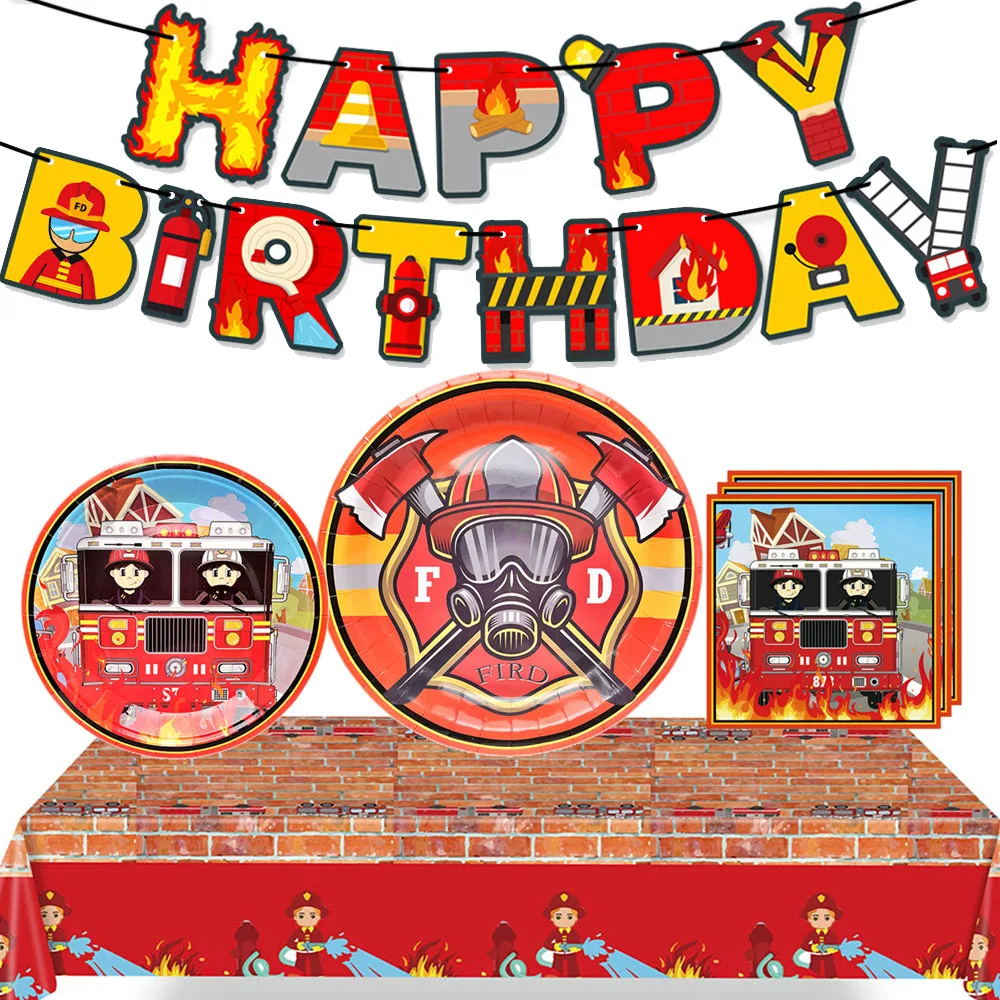 Firetruck Birthday Party Decors Firefighter Tableware Plates Napkins Cups Banner Tablecloth Fireman Firetruck Birthday Supplies