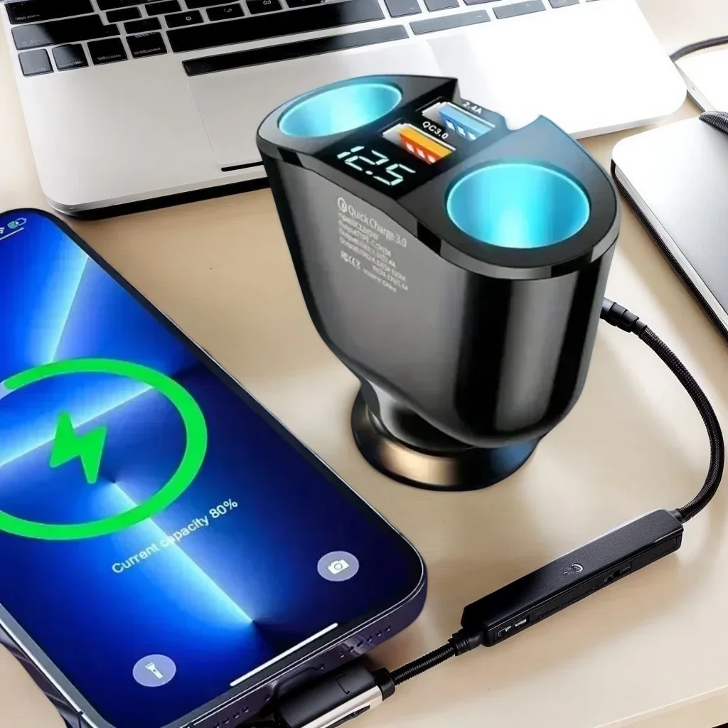

Dual USB 120W Super Fast Car Charger with 360° Rotation Type C Ports for Cigarette Lighter Socket Interior Accessories