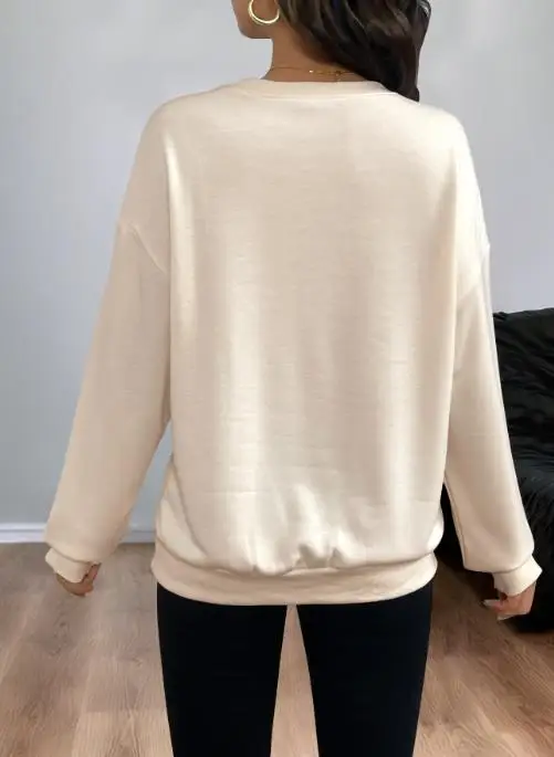 

Autumn Women's Fashionable Personalized Sequin Bow Decoration Loose Long Sleeved Top Casual Loose Color Blocked Round Neck Top