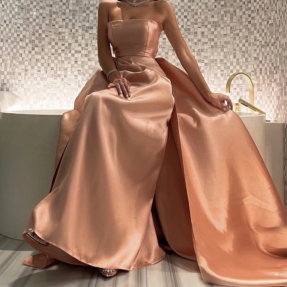 Customized Graceful Panel Train Strapless Evening Dress Temperament Mermaid Satin Sleeveless Pleats Photo Color Party Gown