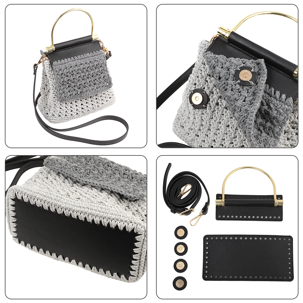 1Set Handmade Knitting Bag Kit PU Leather DIY Crochet Bags Bottoms Shoulder Strap Handle Woven Handbag Crossbody Accessories