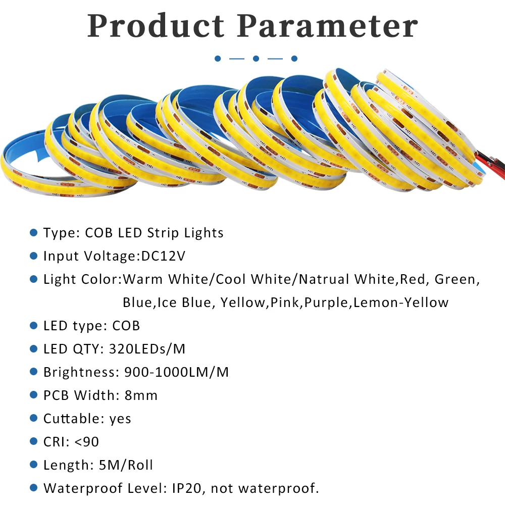 FCOB LED 스트립 조명, 고밀도 유연한 리본, 따뜻한 자연 쿨 화이트 COB 선형 조명, 320 칩, 레드 그린 블루, 5M, 12V, 8mm