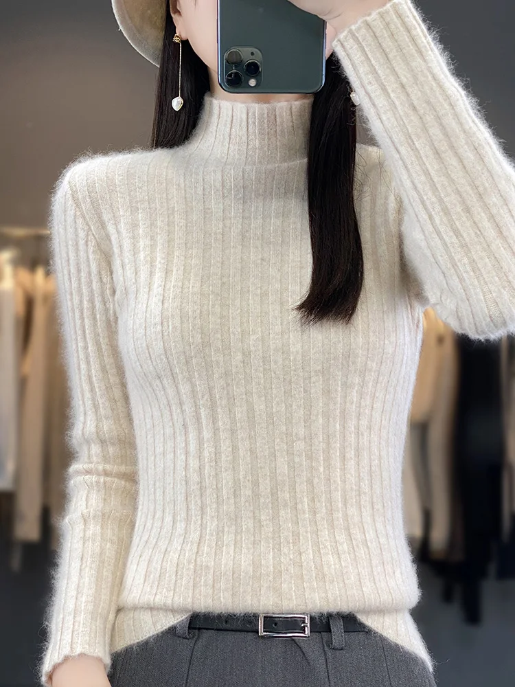 New Knit Womem's Cashmere Sweater Mock Neck Soft Warm Pullover 100% Mink Cashmere Knitwear Winter Female Casual Basic Clothing