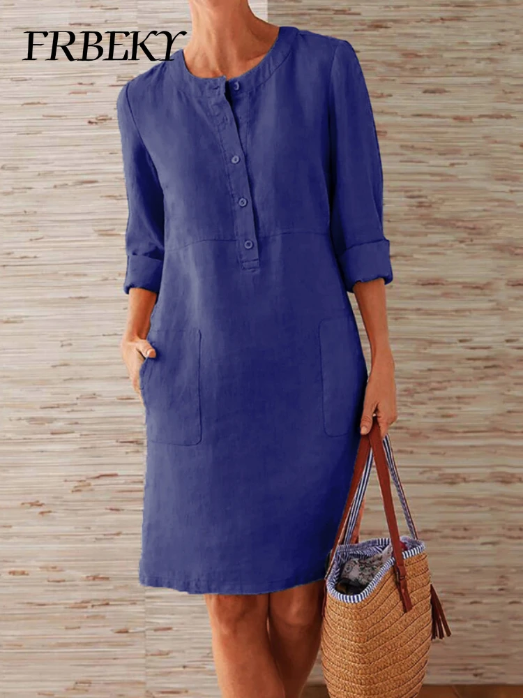 Vestido blanco de manga larga con cuello redondo para mujer, ropa informal, suelta y elegante, Color sólido, barato, Primavera