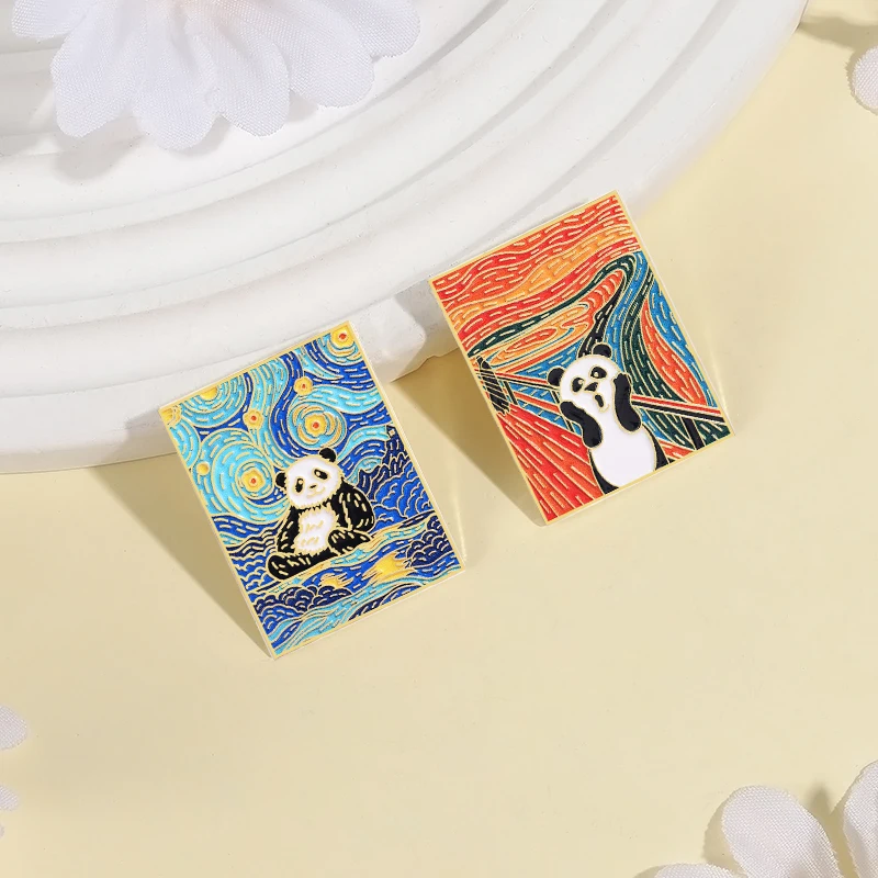 Screaming Panda Brooch Enamel Pins Cartoon Animal Starry Night Oil Painting Art Brooch Lapel Badge Jewelry Gift for Kids Friends