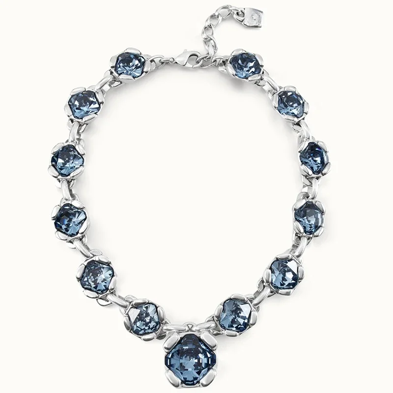 European and American sparkling luxury dazzling quadrilateral blue crystal necklace women's jewelry gift