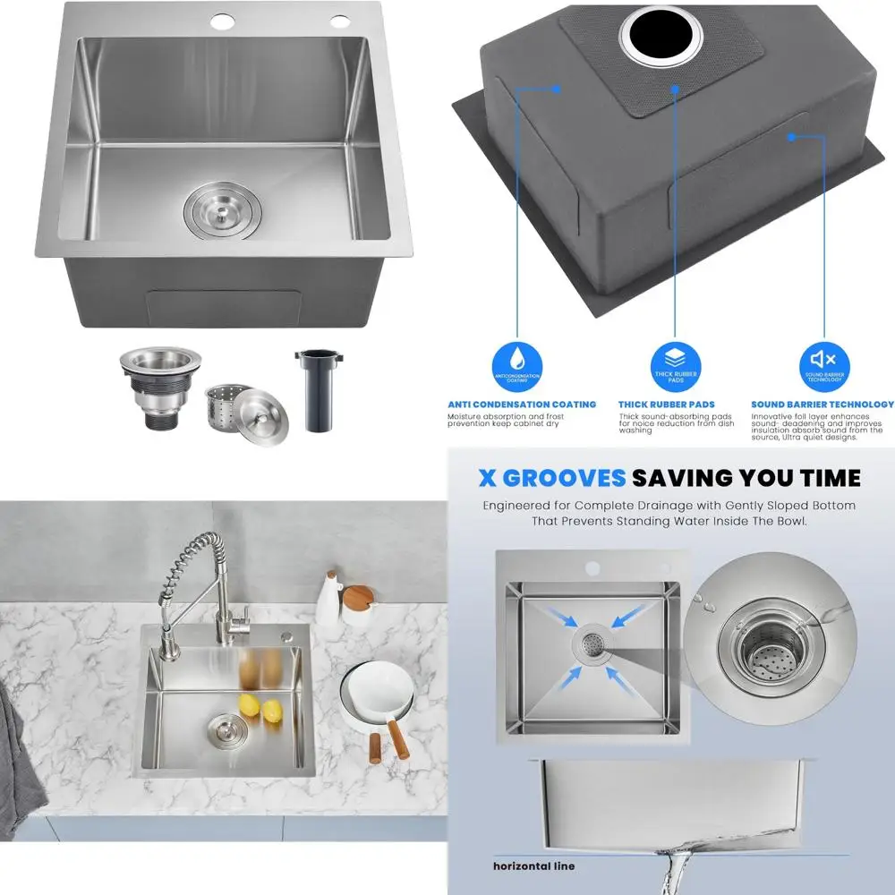 

18 Inch Stainless Steel Single Bowl Kitchen Sink, 9 Inch Deep, Top Mount, Handmade Bar Prep Sink for Home Cooking