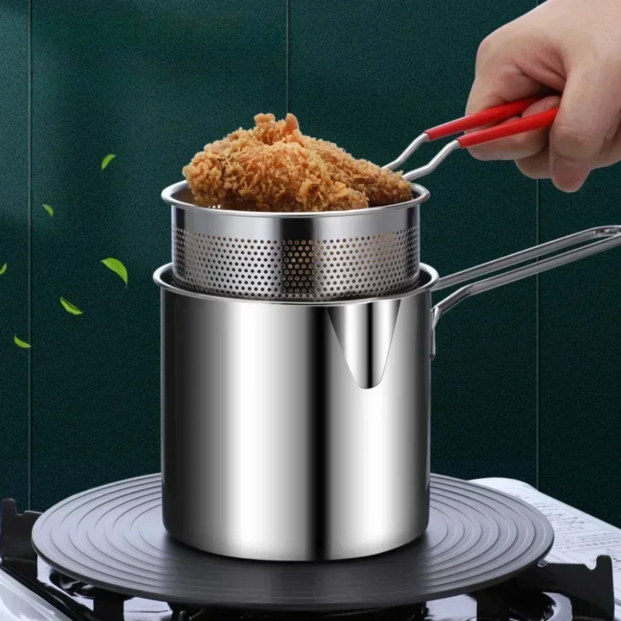 Neue Fritteuse aus Edelstahl 304, mit Sieb und Verbrühungsschutzgriff, ideal für Chips, Fische, Hühnchen, leicht zu reinigen