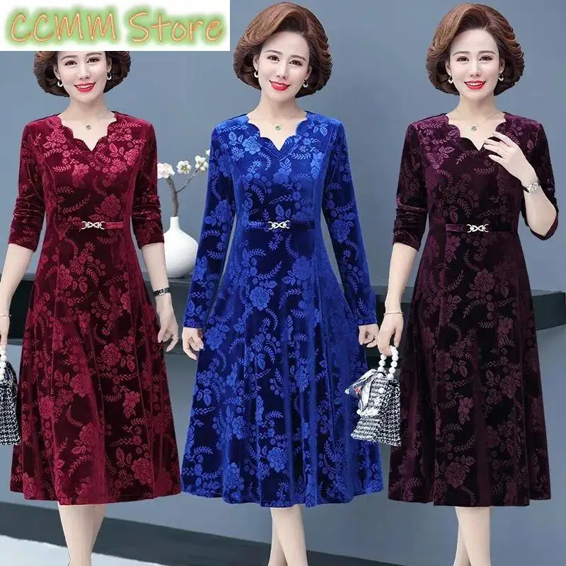 

New Middle-Aged Elderly Female Autumn High Pressure Flower V-Neck Dress Temperament Long Sleeve Long Mother Dress Female Elegant