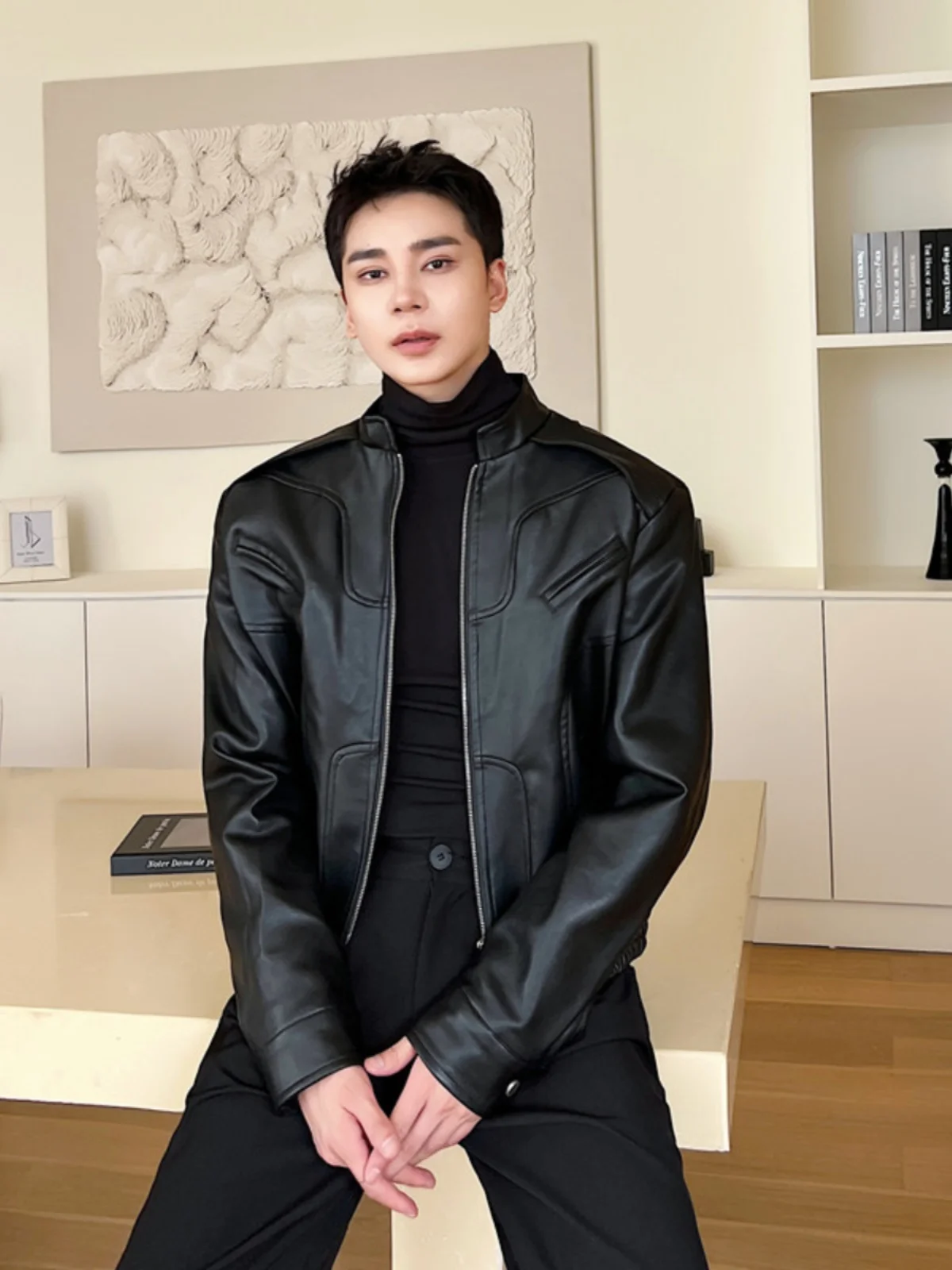 

Autumn Winter New Sle Men's ort PU Leather Jaet Bla Motorcycle Vintage Stand Collar Biker Coat Trendy Streetwear