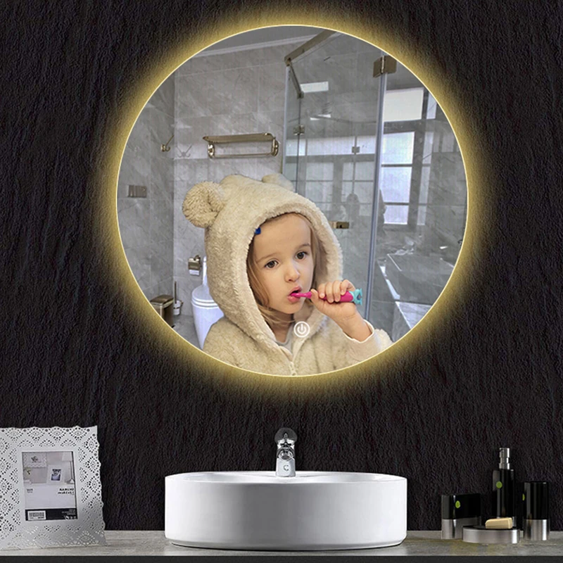 80CM Round Mirror 3 Color Adjustable Backlight With Smart Hotel Bedroom Defogging Decorative Mirror LED Bathroom